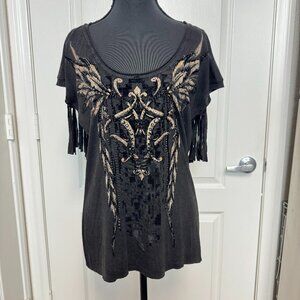 Miss Me Charcoal Black Wing & Fringe Shirt – NWT – Size Small
